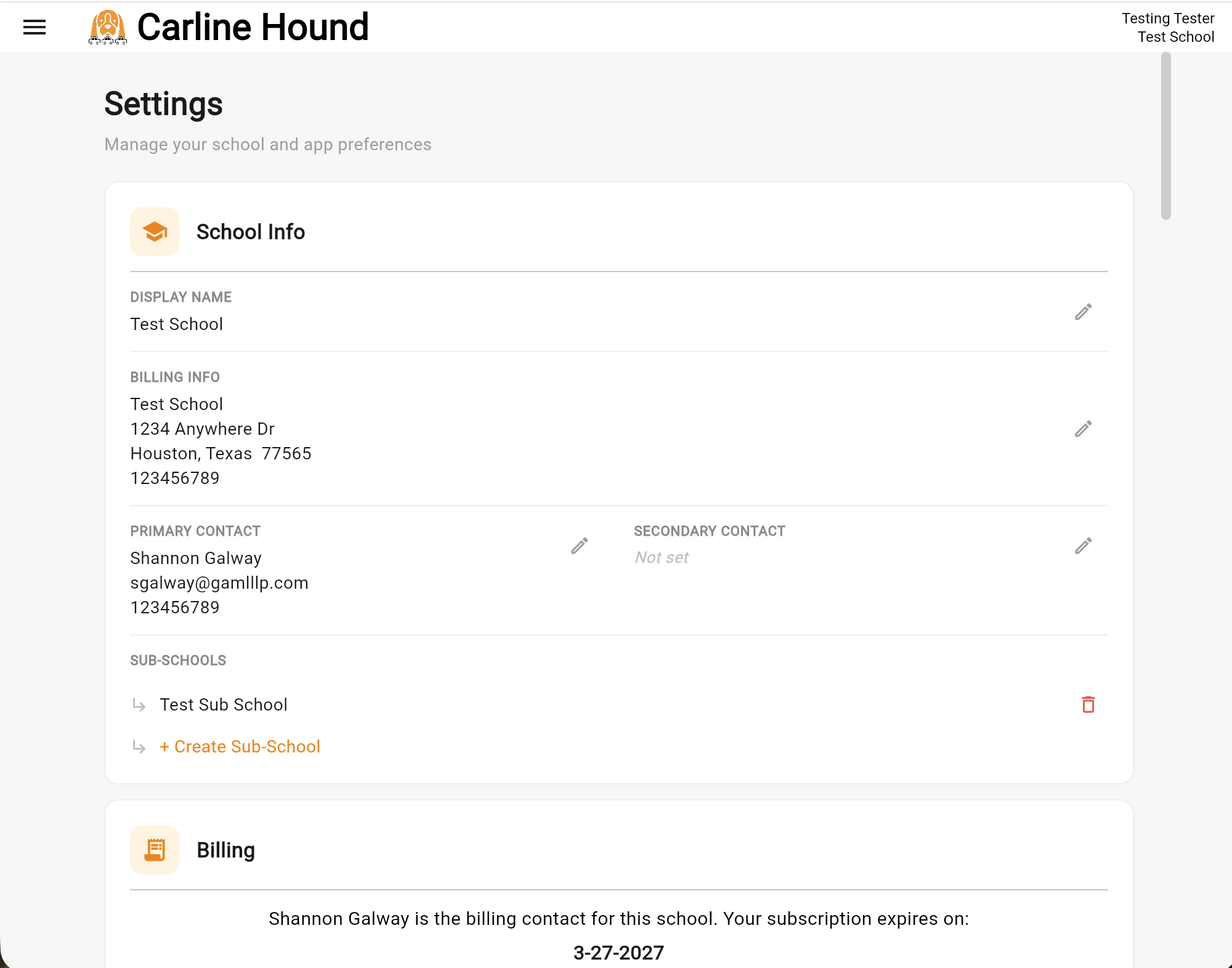 Settings — School Info