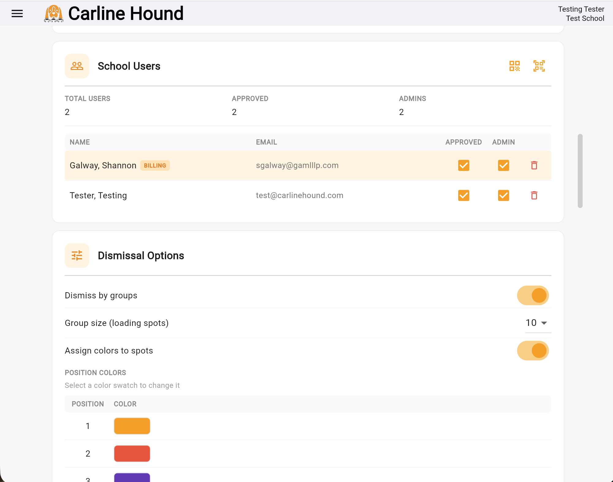 Settings — School users