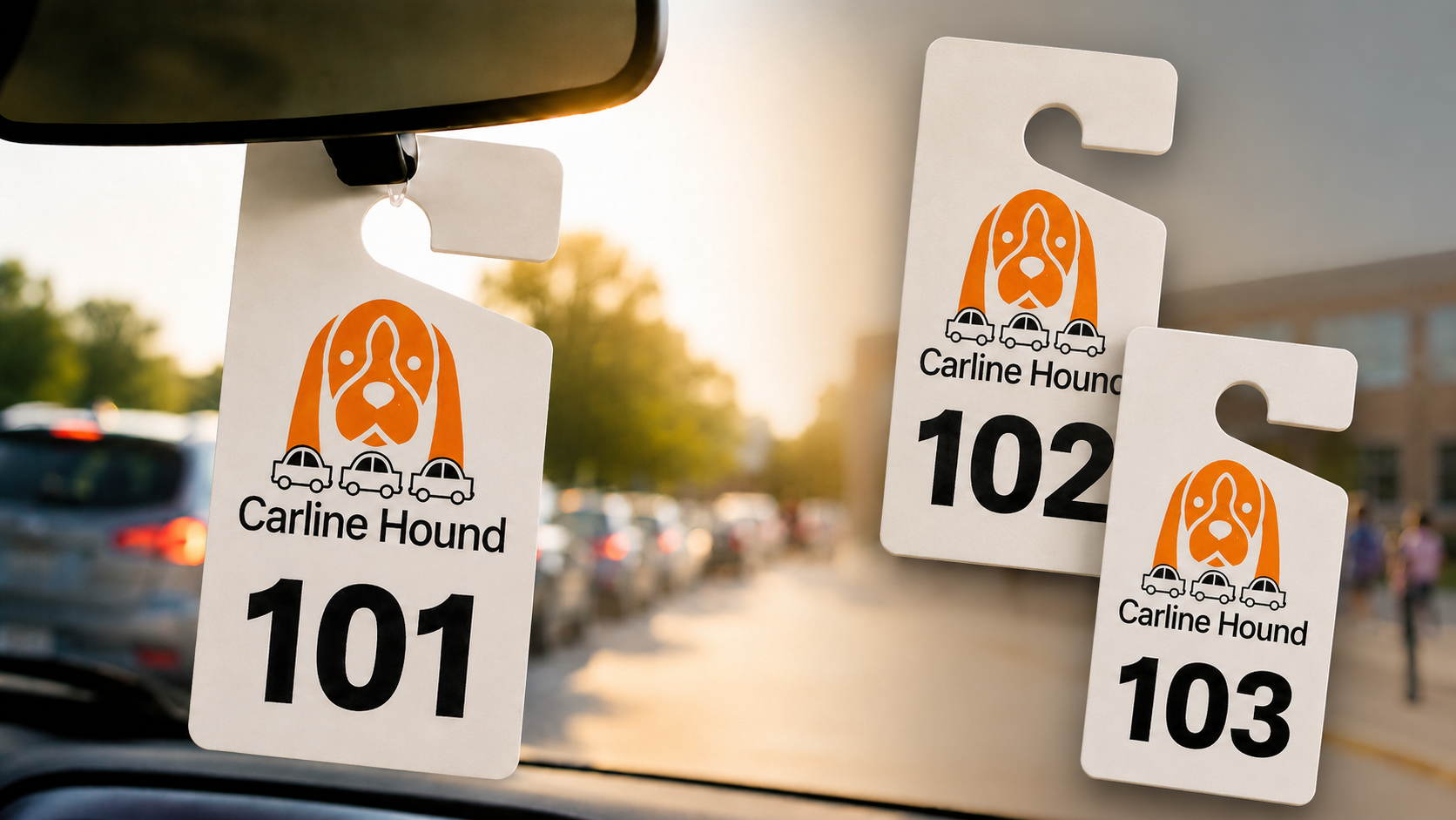 Carline Hound plastic car rider hang tags numbered 101, 102 and 103 in a school setting
